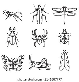 Vector set of doodle insects. Butterfly, spider, dor, locust, mole, beetle. Modern doodle illustrations of bugs. svg