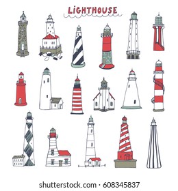 Vector set of doodle lighthouses. 