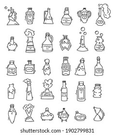 Vector set of doodle magic potions. Big collection of line hand-drawn glass bottles. Pack of modern illustrations.