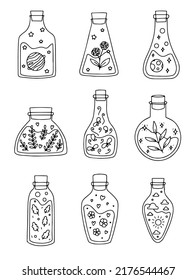 vector set of doodle magic potions. Collection of hand drawn line Illustrations. Esoteric bottles with flowers, planets and leaves.