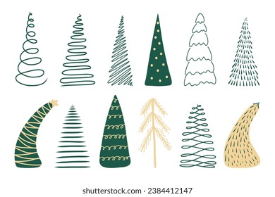 Vektorset von doodle minimalistischen Weihnachtsbäumen, Pinien für Grußkarte, Einladung, Banner, Web. Grün, goldene Farben auf weißem Hintergrund