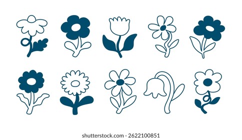 Vector set of doodle naive wavy flowers. Abstract scribble design.