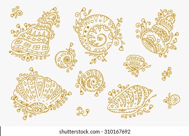Vector Set of doodle ornamental Seashells 