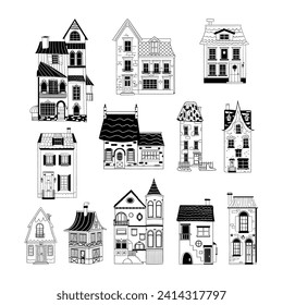 Vector set of doodle outline cottage houses. Line art City Mansion architecture building hand drawn illustration isolated on white background