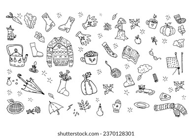 Conjunto de vectores de iconos de contorno de doodle, otoño acogedor