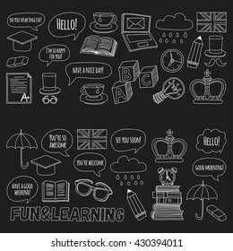 Vector set Doodle patterns and icons English courses Language school