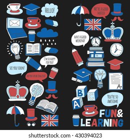 Vector set Doodle patterns and icons English courses Language school