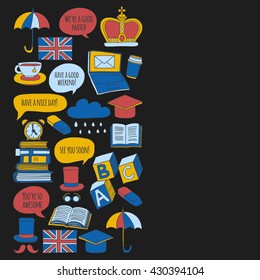 Vector set Doodle patterns and icons English courses Language school
