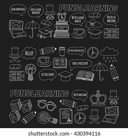 Vector set Doodle patterns and icons English courses Language school