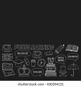 Vector set Doodle patterns and icons English courses Language school