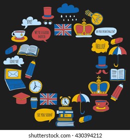 Vector set Doodle patterns and icons English courses Language school