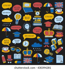 Vector set Doodle patterns and icons English courses Language school