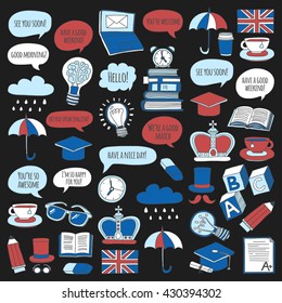 Vector set Doodle patterns and icons English courses Language school