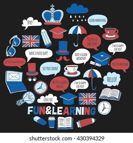 Vector set Doodle patterns and icons English courses Language school