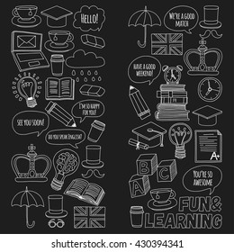 Vector set Doodle patterns and icons English courses Language school