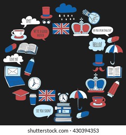 Vector set Doodle patterns and icons English courses Language school