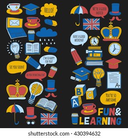 Vector set Doodle patterns and icons English courses Language school