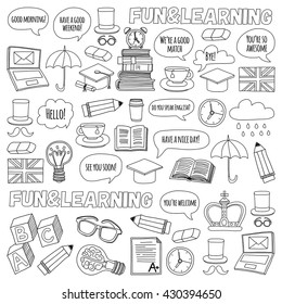 Vector set Doodle patterns and icons English courses Language school