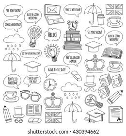 Vector set Doodle patterns and icons English courses Language school