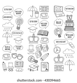 Vector set Doodle patterns and icons English courses Language school
