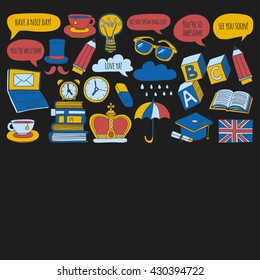 Vector set Doodle patterns and icons English courses Language school