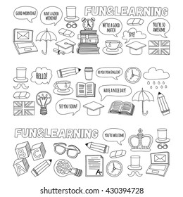 Vector set Doodle patterns and icons English courses Language school