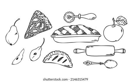 vector set with doodle pies and fruits 