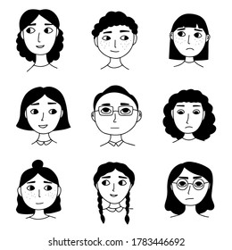 Vector set of doodle portraits, hand drawn people, girls and boys, men and women, family illustration