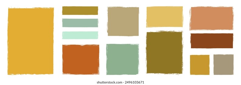 Conjunto de Vector con Formas rectangulares doodle en colores neutros de otoño, Formas divertidas con bordes ásperos en marrón terroso, mostaza, verde, sepia y ocre colores para fondos, bordes y marcos