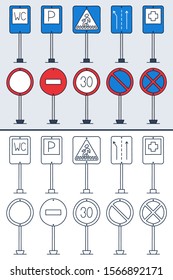 Vector set of doodle road signs in colorful and doodle outline style. Hand-drawn traffic sign icons isolated on white background