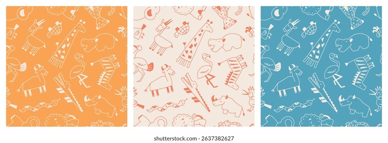 Vector Set of Doodle Safari Animals Hand Drawn Seamless Patterns