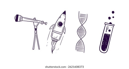 Vector set of doodle science and education elements with detailed icons representing experiments, books, tools, symbols, formulas, and academic equipment for infographic use