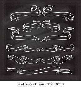 Vector set of doodle scrolls and ribbons on the chalkboard