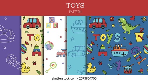 Vector set of doodle seamless pattern with toys. Hand draw collection of toys icons for baby shower or scrapbook. Cute illustration for children