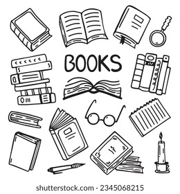 Conjunto vectorial de boceto de diferentes libros de papel. Elementos decorativos de doodle para diseño e impresiones