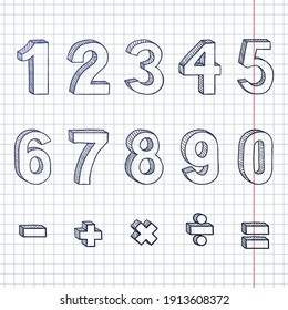 Vector Set of Doodle Sketch Figures and Mathematical Signs. Hand Drawn Arabic Figures From One till Nine.