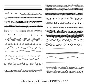 Vector set of doodle sketches, scribble lines, design elements isolated on white background, hand drawn deviding lines.