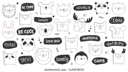 Vector set of doodle stickers with funny animals and cute text. Poster with adorable objects on background, pastel colors. Valentine's day, anniversary, save the date, baby shower, bridal, birthday
