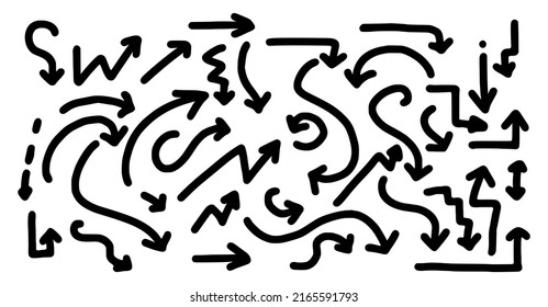 Vector set of doodle style arrows isolated on white background. Glyph vector illustration of hand drawn arrows. Direction arrow clip art.