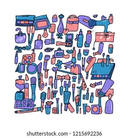 Vector set of doodle style cosmetic tools. Makeup collection. Square composition of beauty items.