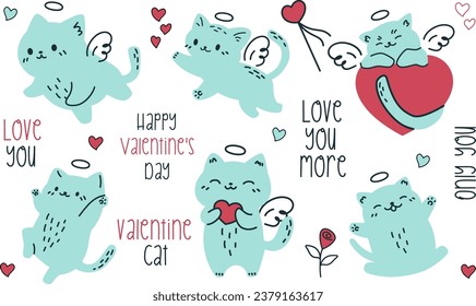 Vector set in doodle style. Cute kittens cupids. Inscriptions on the theme of valentine's day. Hearts, flowers and cats on white background 