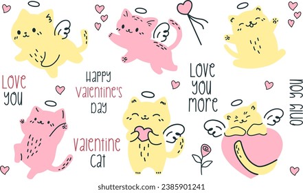 Vector ambientado en estilo doodle. Cuidados gatitos. Inscripciones sobre el tema del día de San Valentín. Corazones, flores y gatos de fondo blanco 