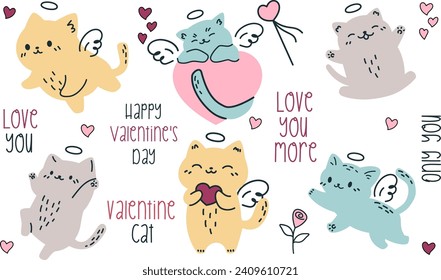 Vector set in doodle style. Cute kittens cupids. Inscriptions on the theme of valentine's day. Hearts, flowers and cats on white background 