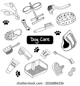 Vector Set In Doodle Style Of Dog Care Items. Isolated Illustration