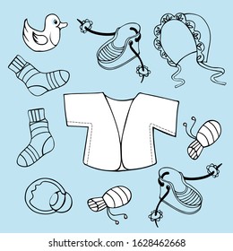 Vector set in doodle style of freehand contour drawings, hand-drawn, first baby things, vest, cap, rattle, duck, toys, first, different, markings, first shoes, web banner for a children's store