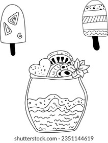 Vector set in doodle style. Hand drawn stylized dessert in a jar, ice cream on a stick on a white background. Black outline. Desserts, confectionery, food.