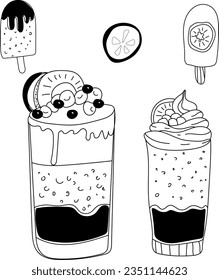 Vektorgrafik im Doodle-Stil. Handgezeichnete Milchshakes in einem Glas, Eis auf einem Stock, ein Stück Orange auf weißem Hintergrund. Schwarzer Umriss. Desserts, Süßwaren, Essen.