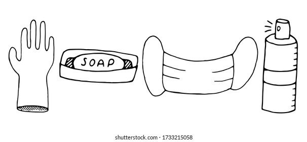 vector set in doodle style, quarantine and pandemic protection equipment - gloves, mask, soap, sanitizer,