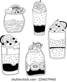 Vector set in doodle style. Stylized smoothie with hand-drawn fruits, berries, cream and flowers