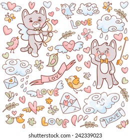 Vector set in doodle style for Valentine's Day. Cupid cat with a bow, cupid cat with a harp, birds, hearts, clouds and other elements.